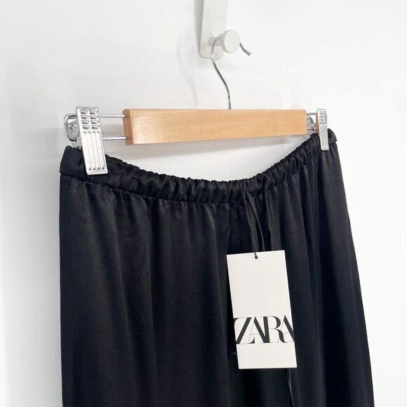 ZARA Drawstring Satin Flowy Wide Leg Palazzo Pants Black Women's XS NEW - Picture 3 of 8
